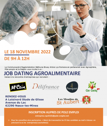 Job Dating Agroalimentaire 18 novembre 2022 Agglomération Béthune-Bruay